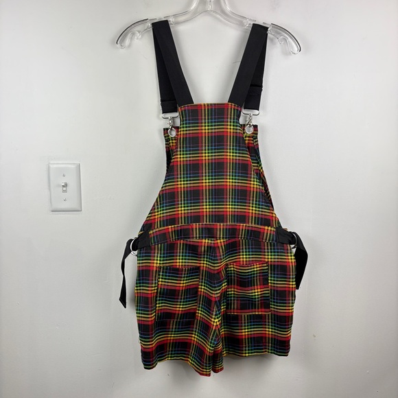 Hot Topic Rainbow Grid Colorful Plaid Utility Shortall Overalls - Picture 9 of 9